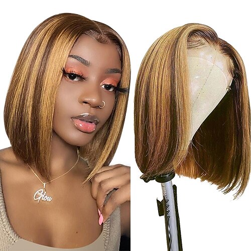 

Highlight Bob Wig Straight Short Bob Lace Front Human Hair Wig Transparent Ombre Honey Blonde Human Hair Wigs For Women