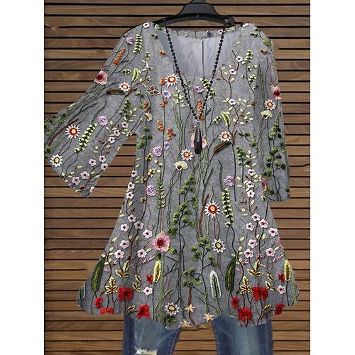 

Women's Plus Size Tops Blouse Shirt Graphic Patterned Print 3/4 Length Sleeve Crewneck Streetwear Going out Polyester Summer Black And White Maroon