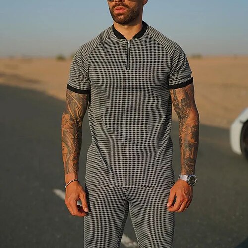 

Men's Zip Polo Golf Shirt Shirt Set Plaid / Check Stand Collar Black / Gray Street Daily Short Sleeve Zipper Clothing Apparel 2pcs Fashion Casual Comfortable