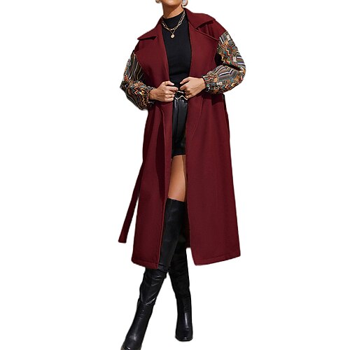 

Women's Coat Long Pocket Patchwork Coat Wine Brown Casual Street Fall Cardigan Turndown Regular Fit S M L XL