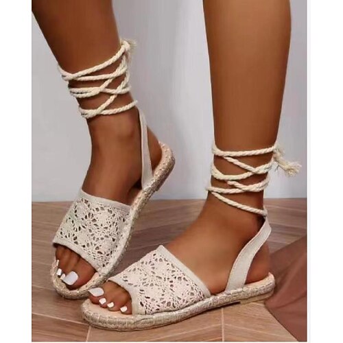 

Women's Sandals Lace Up Sandals Strappy Sandals Espadrilles Summer Flat Heel Round Toe Synthetics Lace-up Solid Colored Orange Beige