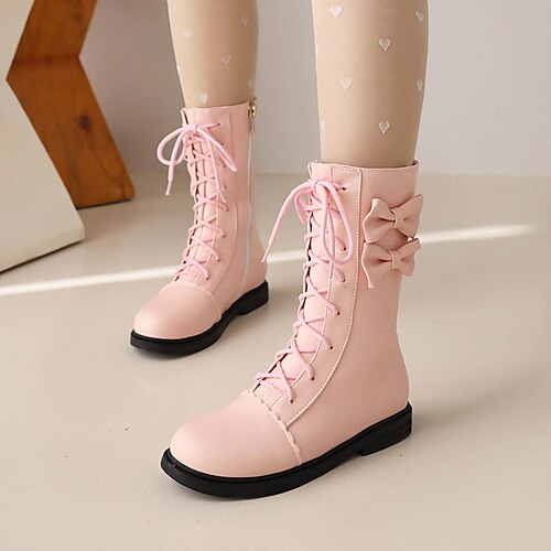 

Girls' Boots Mid-Calf Boots PU School Shoes Big Kids(7years ) Daily Lace-up Black Rosy Pink Beige Fall Spring