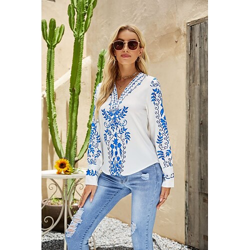 

Women's Blouse Floral Daily Weekend Blouse Shirt Long Sleeve Print V Neck Casual Streetwear Green White Red S / 3D Print