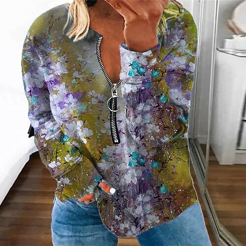

Women's Plus Size Tops Pullover Sweatshirt Floral Zipper Print Long Sleeve Round Neck Streetwear Daily Vacation Polyester Fall Spring Green Blue