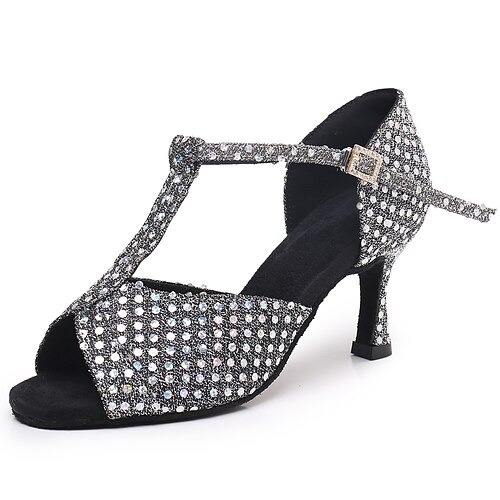 

Damen Schuhe für den lateinamerikanischen Tanz Tanzschuhe Leistung Praxis Professionell Blinkende Schuhe Funkelnde Schuhe Party / Abend Professionell Kristall / Strass Stöckelschuh Runde Zehe / Satin