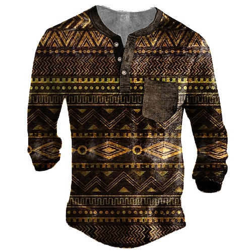 

Men's Henley Shirt Tee T shirt Tee 3D Print Graphic Patterned Tribal Plus Size Henley Daily Sports Button-Down Print Long Sleeve Tops Designer Basic Casual Classic Brown