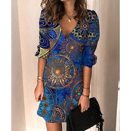 

Women's A Line Dress Short Mini Dress Blue Long Sleeve Print Print Spring Summer V Neck Casual 2022 S M L XL XXL 3XL