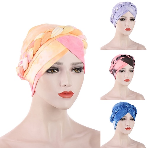 

India Muslim Women Tie-dyed Hijab Hat Cancer Chemo Cap Braid Beads Turban Headscarf Islamic Head Wrap Lady Beanie Bonnet Hair Loss Cover