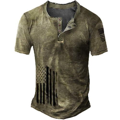 

Men's Henley Shirt Tee T shirt Tee 3D Print Graphic Patterned American Flag Plus Size Henley Daily Sports Patchwork Button-Down Short Sleeve Tops Designer Basic Casual Classic Dark Green / Summer