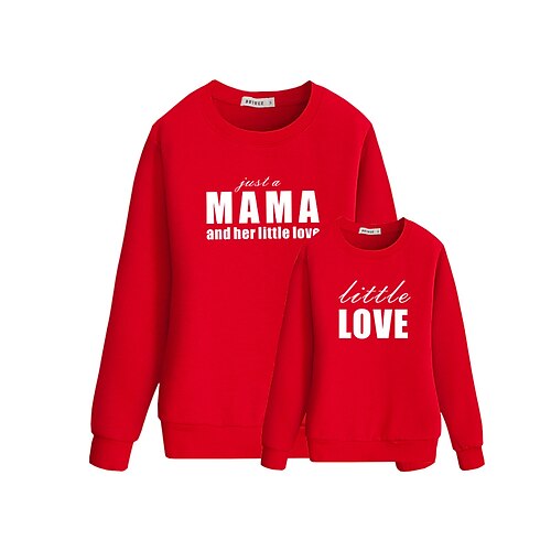 

Mommy and Me Tops Letter Daily Print Black Red Long Sleeve Basic Essential Matching Outfits