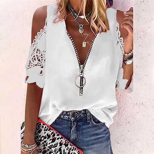 

Women's Shirt Going Out Tops Blouse Concert Tops Black White Pink Plain Lace Cut Out Short Sleeve Daily Weekend Streetwear Casual V Neck