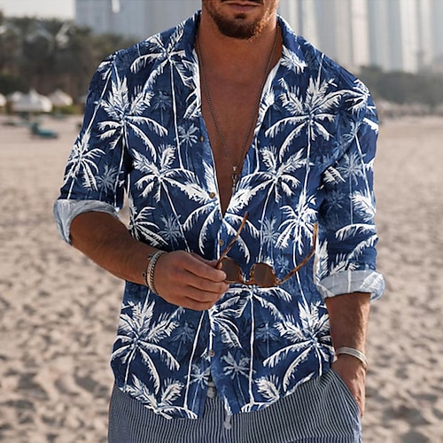 

Men's Shirt Graphic Shirt Leaves Turndown Blue Print Street Daily Short Sleeve Button-Down Print Clothing Apparel Fashion Designer Casual Breathable