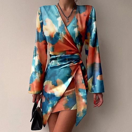 

Women's Sheath Dress Wrap Dress Mini Dress Yellow Blue Khaki Long Sleeve Letter Print Winter Fall Spring V Neck Fashion Winter Dress Fall Dress 2023 S M L XL XXL 3XL