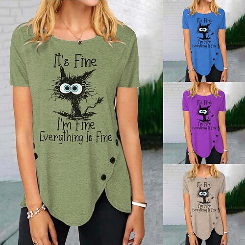 

Women's T shirt Tee Funny Tee Shirt Green Blue Purple Graphic Print Short Sleeve Daily Weekend Basic Round Neck Regular I'm Fine Everything Is Fine Painting S