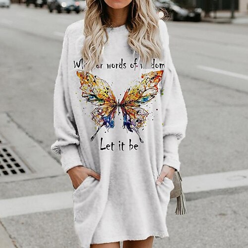 

Women's Shift Dress Short Mini Dress White Long Sleeve Fall Butterfly Letter Animal Pocket Print Fall Winter Hooded Casual 2022 S M L XL XXL 3XL