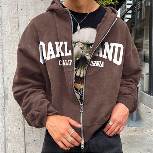 

Men's Full Zip Hoodie Jacket Brown Hooded Graphic Letter Print Pocket Going out Streetwear Cool Designer Winter Fall & Winter Clothing Apparel Hoodies Sweatshirts Long Sleeve