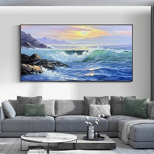 

Handmade Hand Painted Oil Painting Wall Blue Ocean Sunrise Landscape Painting Home Decoration Decor Rolled Canvas No Frame Unstretched