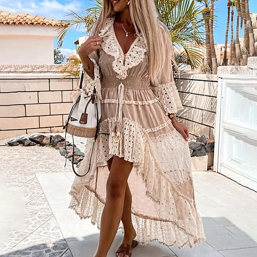

Women's Swing Dress Maxi long Dress Khaki Long Sleeve Color Block Mesh Patchwork Plus High Low Spring Summer V Neck Stylish Modern 2022 S M L XL