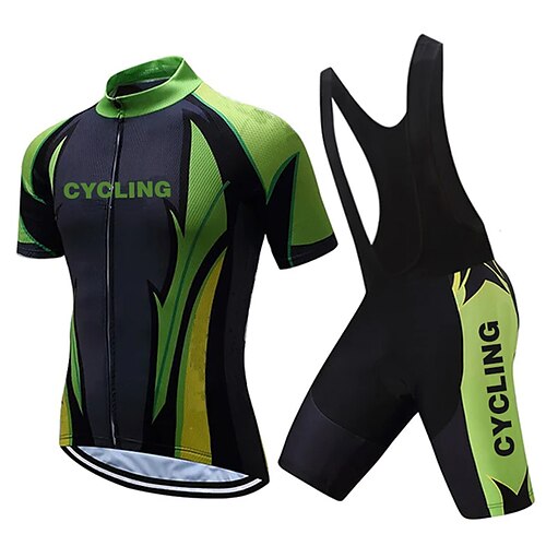 

21Grams Men's Cycling Jersey with Bib Shorts Short Sleeve Mountain Bike MTB Road Bike Cycling Green Geometic Bike Clothing Suit 3D Pad Breathable Quick Dry Moisture Wicking Back Pocket Polyester