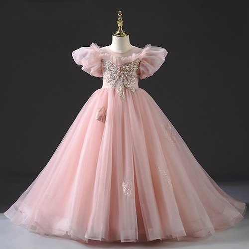 

Party Event / Party Princess Flower Girl Dresses Jewel Neck Court Train Tulle Spring Summer with Faux Pearl Beading Cute Girls' Party Dress Fit 3-16 Years