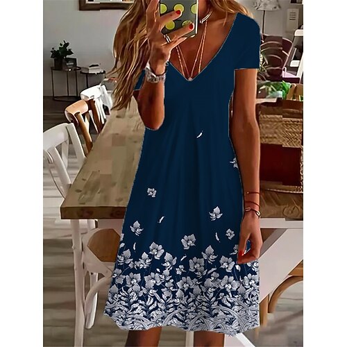 

Women's Shift Dress Short Mini Dress Green Wine Navy Blue Short Sleeve Floral Print Spring Summer V Neck Elegant Casual Vacation 2022 S M L XL XXL 3XL