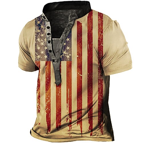 

Men's Henley Shirt Tee T shirt Tee 3D Print Graphic Patterned National Flag Stand Collar Daily Sports Button-Down Print Short Sleeve Tops Basic Casual Classic Big and Tall Brown / Summer