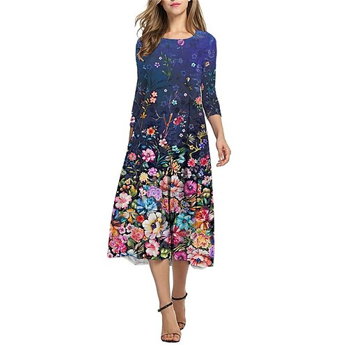 

Women's Shift Dress Midi Dress White Blue 3/4 Length Sleeve Floral Ruched Print Fall Spring Round Neck Casual Vacation 2022 S M L XL XXL 3XL