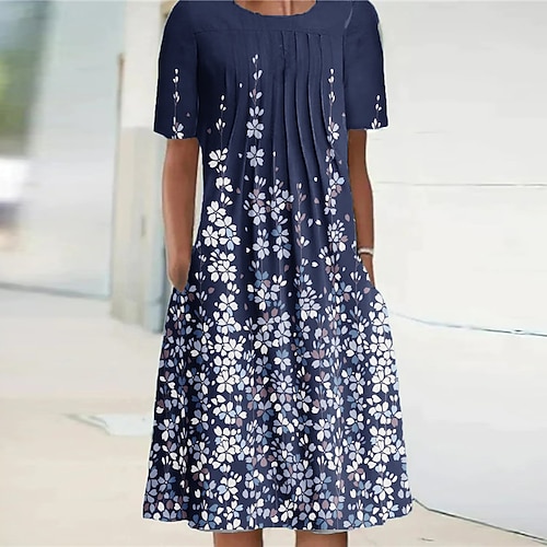 

Women's Shift Dress Knee Length Dress Blue Royal Blue Navy Blue Short Sleeve Floral Pocket Print Spring Summer Crew Neck Casual Vacation 2022 S M L XL XXL 3XL