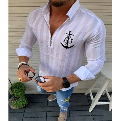 

Men's Shirt Striped Solid Color Anchor Turndown Street Casual Zipper Half Sleeve Tops Designer Casual Fashion Breathable White Black Red / Summer