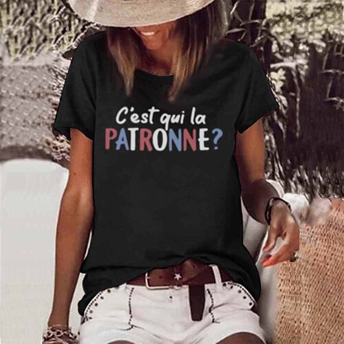 

Women's T shirt Tee C'EST QUI LA PATRONNE Graphic Patterned Casual Weekend Painting T shirt Tee Short Sleeve Print Round Neck Basic Essential Black Navy Blue S