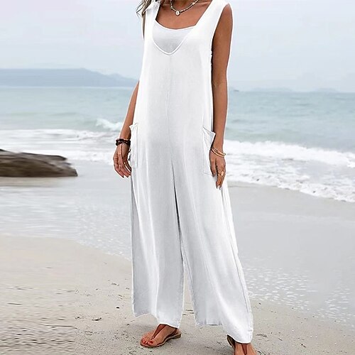 

Women's Jumpsuit Pocket Solid Color V Neck Casual Street Daily Regular Fit Sleeveless Green White Black S M L Spring