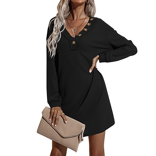 

robe pull femme robe d'hiver tenue décontractée vert armée beige noir manches longues couleur pure bouton tricot hiver automne v cou élégant coupe décontractée s m l xl robe d'hiver en coton