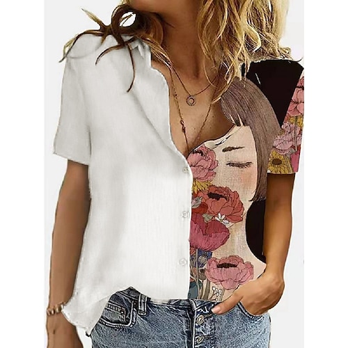 

Mujer Camisa Negro Blanco Retrato Retazos Estampado Manga Corta Casual Diario Casual Estilo playero Cuello Camisero Regular Flor S