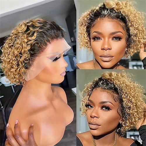 

13x1 Lace Front Wig Free Part Brazilian Hair Deep Curly Short Bob Wig Ombre Color Lace Front Human Hair Wigs For Black Women deep Culry Natural Wig Blonde Pixie Cut Wig Pre Plucked