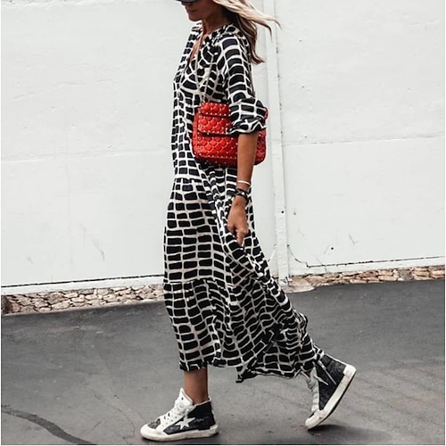 

Women's Shift Dress Long Dress Maxi Dress Black Long Sleeve Plaid Ruched Winter Fall Autumn V Neck Modern Winter Dress Fall Dress 2022 S M L XL 2XL 3XL