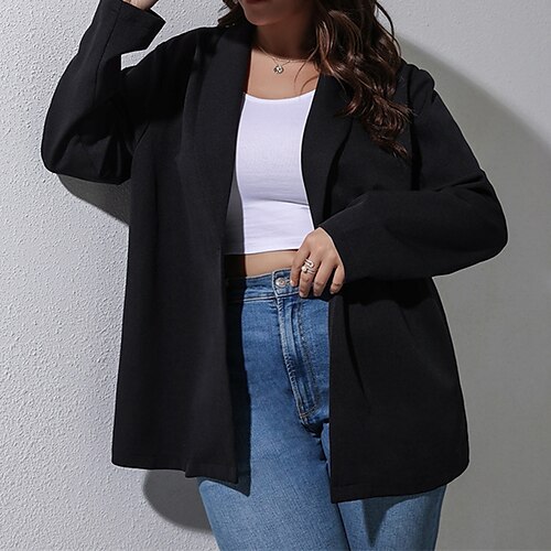 

Women's Plus Size Blazer Button Plain Vacation Going out Long Sleeve Rolled collar Regular Fall Winter Black L XL XXL 3XL 4XL