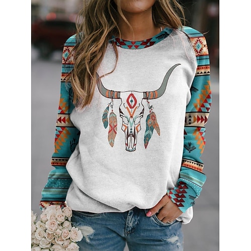 

Cross-Border Supply Autumn And Winter New Amazon Wish Europe And The United States Long-Sleeved Round Neck Western Bull Head Style Sweater 6910