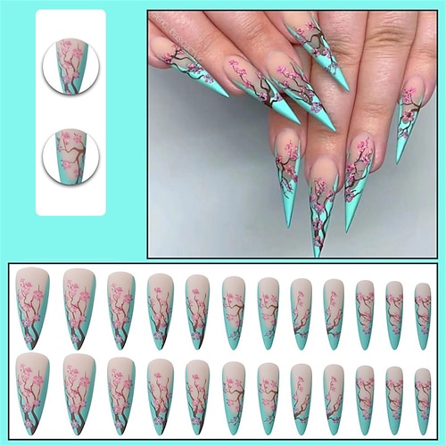 

24pcs Blue Chinese Style Plum Blossom Long Pointed Nail French Nail Patch Fake Nail European and American Wearing Nail