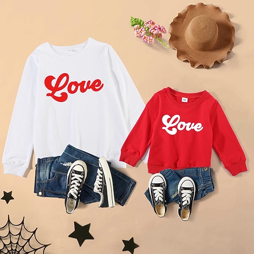 

Mommy and Me Tops Letter Daily Print Black Red Long Sleeve Basic Essential Matching Outfits