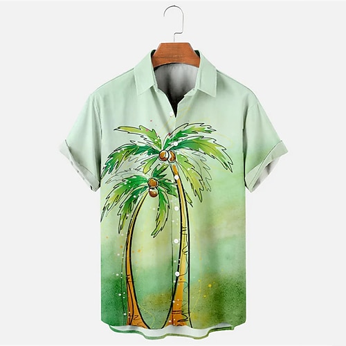 

Men's Shirt Print Tree Turndown Street Daily Button-Down Print Short Sleeve Tops Casual Fashion Breathable Comfortable Light Green