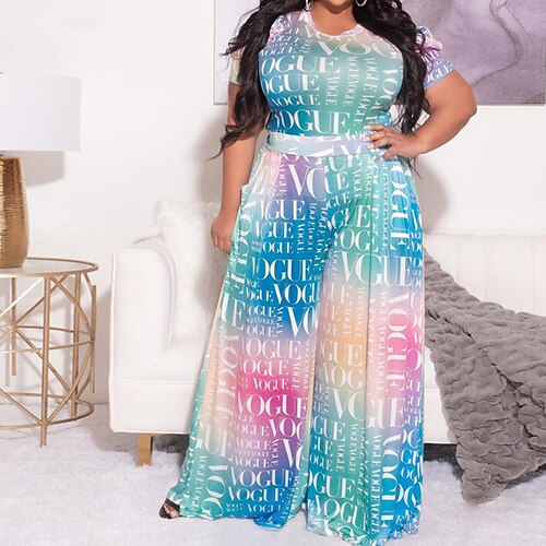 

Women's Plus Size Jumpsuit Print Floral Letter Casual Going out Weekend Natural Full Length Fall Spring Blue Sky Blue L XL XXL 3XL 4XL