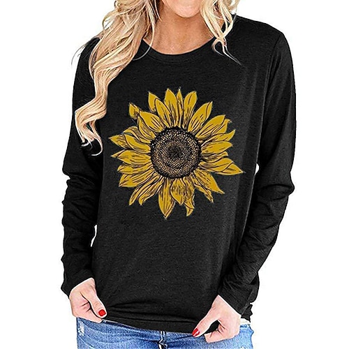 

Women's T shirt Tee Blue Yellow Red Sunflower Print Long Sleeve Casual Holiday Basic Round Neck Regular Floral Painting S