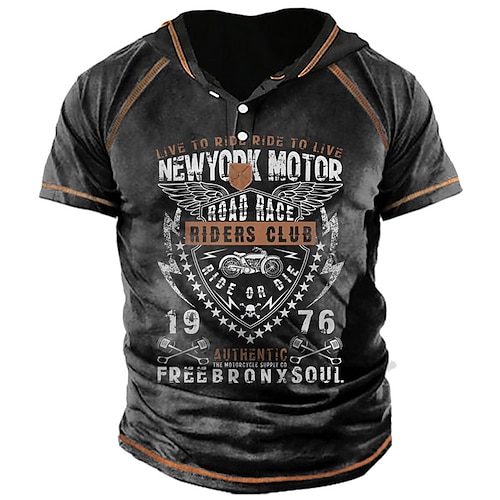 

Men's Unisex T shirt Tee 3D Print Graphic Prints Motorcycle Letter Hooded Street Daily Button-Down Print Short Sleeve Tops Designer Casual Big and Tall Sports Black Army Green Brown / Summer