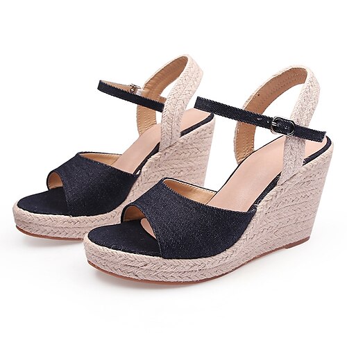 

Women's Sandals Wedge Sandals Espadrilles Wedge Heel Open Toe Elegant Casual Daily Office PU Leather Buckle Spring Summer Solid Colored Almond Black Blue