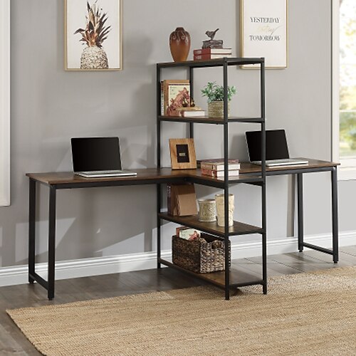 

Home Office Two Person Computer Desk with Shelves Extra Large Double Workstations Office Desk with Storage Shelves (Brown)