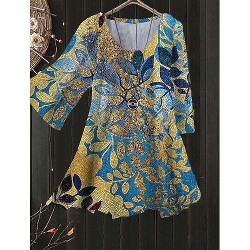 

Women's Plus Size Tops Blouse Shirt Graphic Patterned Print 3/4 Length Sleeve Crewneck Streetwear Going out Polyester Summer Black And White Maroon