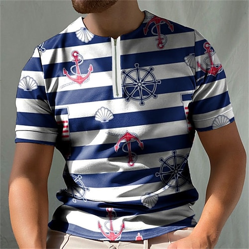 

Men's Collar Polo Shirt Golf Shirt Striped Turndown Blue / White Street Casual Short Sleeve Zipper 3D Clothing Apparel Fashion Casual Comfortable / Beach