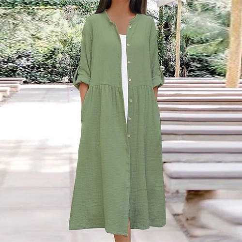 

Women's Shift Dress Midi Dress Green Blue Purple 3/4 Length Sleeve Pure Color Button Fall Spring Autumn Crew Neck Classic Loose Fit 2022 M L XL XXL 3XL