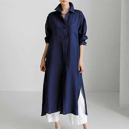 

Women's Cotton Linen Dress Casual Dress Swing Dress Maxi long Dress Cotton Blend Stylish Casual Winter Dress Daily Holiday Shirt Collar Button Pocket Long Sleeve Summer Spring Fall 2022 Loose Fit