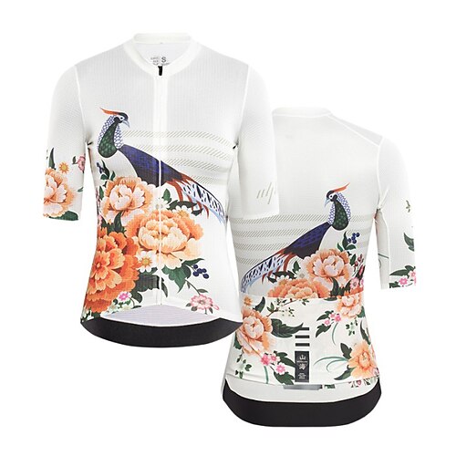 

21Grams Women's Cycling Jersey Short Sleeve Bike Jersey Top with 3 Rear Pockets Mountain Bike MTB Road Bike Cycling Breathable Quick Dry Moisture Wicking White Green Floral Botanical Bird Spandex